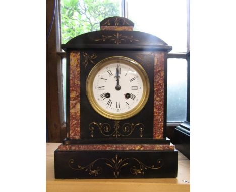 Black slate mantle clock with pink slate detail, pendulum and key