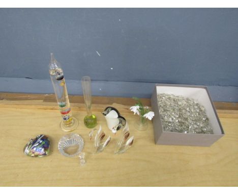 Glass thermometer, box of chandelier pendants and animals etc&nbsp;