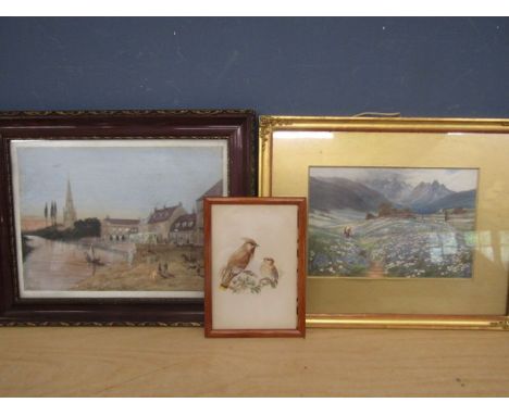 G.Bunting watercolour, a watercolour of birds initialled L.J.T and a print of a flower meadow