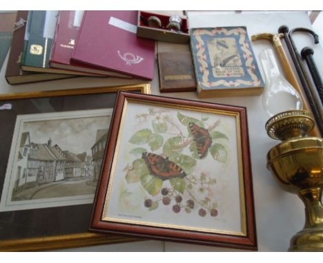 Collectors lot to include 2 pictures, stamp albums, books, walking sticks and an oil lamp &nbsp;