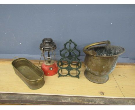 Brass coal bucket, Tilley lamp and cast iron wine rack etc&nbsp;