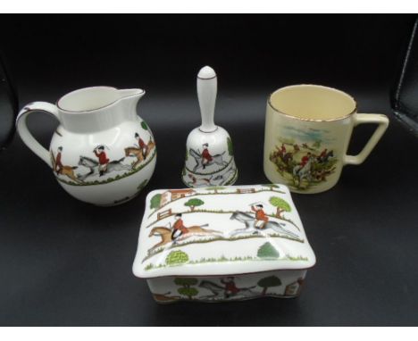 Staffordshire China Hunting Scene pattern trinket box, jug and bell plus a Crown Devon hunt scene 1628 mug