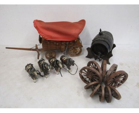 Wooden wagon, barrel on stand and ceramic horses etc&nbsp;