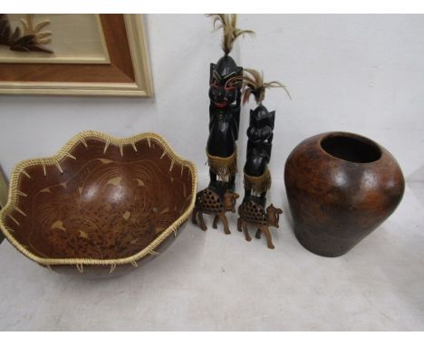 A terracotta? bowl and vase along with 2 tribal carved figures and 2 camels