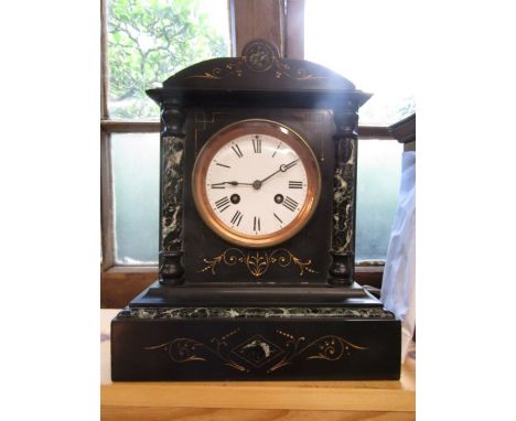 Black slate mantel clock with grey slate detail, pendulum and key. 