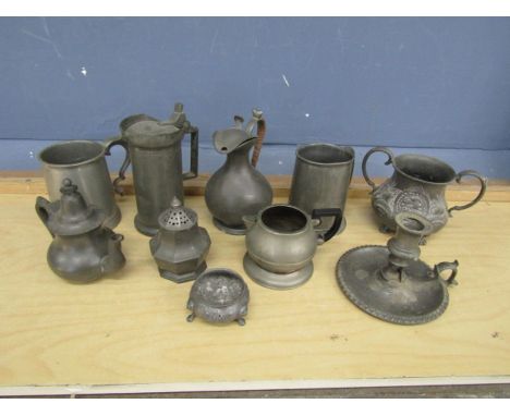 Pewter tankards, candlestick and teapot etc&nbsp;