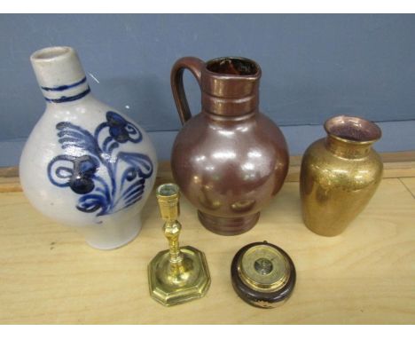 Stoneware jugs, brass candlestick and barometer&nbsp;