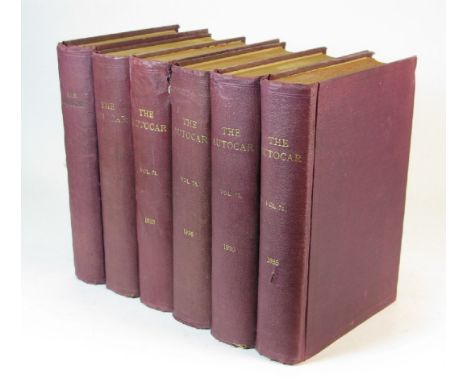 The Autocar, Vols. LXXI to LXXVI. Six quarto hardbound volume in maroon cloth (a little faded, rubbed and worn) with gilt let