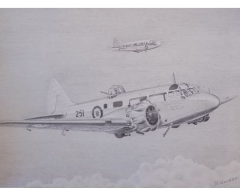 *Aviation Drawings. A group of 5 finely executed pencil drawings of military aircraft by R. Gordon, circa 1980s,  including S
