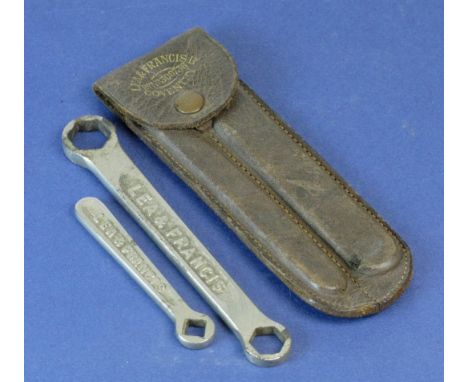 *Lea & Francis Ltd. A leather pouch with a popper top and two sleeves,  each holding a nickel-plated spanner with Lea & Franc