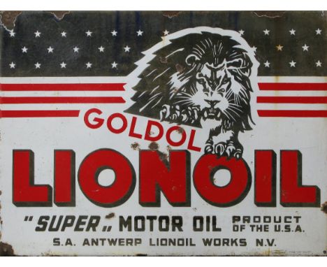 *Goldol Lionoil 'Super' Motor Oil. A large rectangular format three-colour single-sided advertising sign with turned edges,  