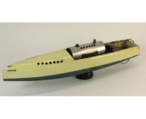 *A c1932 Steam-Powered Speedboat 'Snipe' by Bowman Models of Dereham, Norfolk.  A cream-coloured propeller-driven boat, blue 