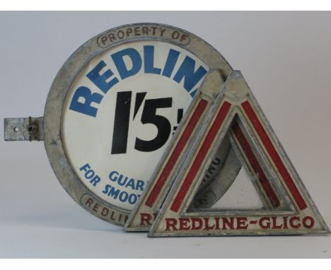 *Redline - Glico Ltd. A rare petrol pump circular semaphore price sign,  hinging to exchange the price card. Also, two Redlin