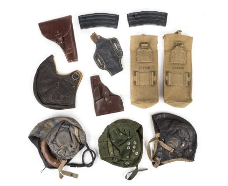 *Flying Helmets. WWII period brown leather flying helmet,  chamois leather lining with Bradd's Inc tailors label, together wi