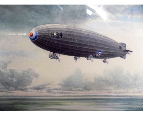 *Wright (Gordon F., 20th century). 'New York Bound, July 1919',  watercolour on paper, showing the R34 airship over the Atlan