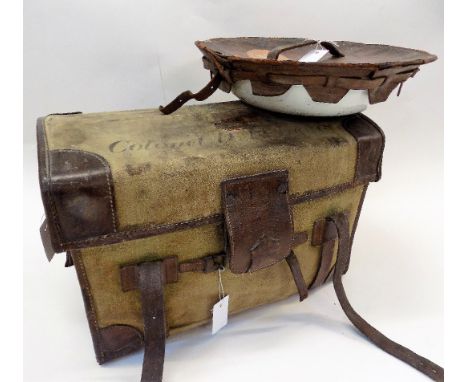 *Campaign Trunk. WWI period wicker and canvas covered trunk,  with brown leather straps stamped 'Cooper Maker, Westminster', 