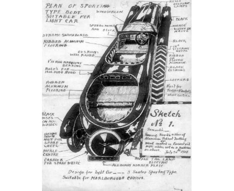 Marlborough 8/10hp Special. A series of pen and ink design sketches,  proposed for use on the Marlborough light car chassis, 