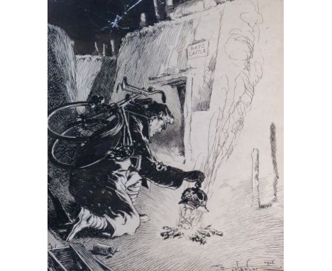 *Frank Patterson (1871-1952) 'Rat's Castle'. A vertical format pen-and-ink drawing depicting a First World War scene in the t