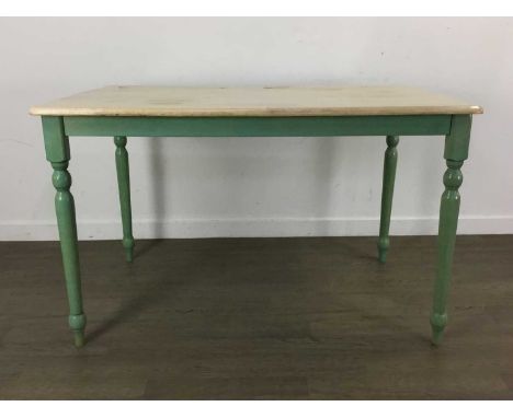 BREAKFAST TABLE AND FOUR CHAIRS, the table of rectangular form with painted green legs, the four chairs ladder back 75cm x 12