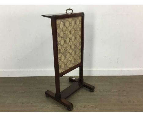 ROSEWOOD FIRESCREEN, EARLY 20TH CENTURY  with sliding tapestry panel on a base with H support on bun feet83cm high, 40cm wide