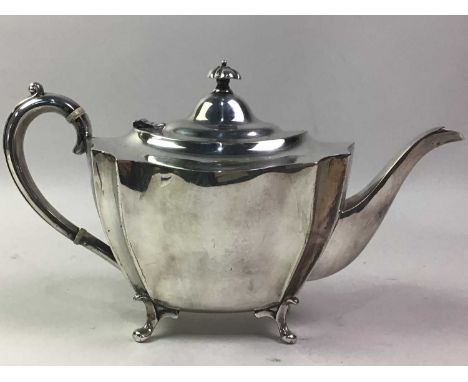 COLLECTION OF SILVER COFFEE SPOONS, ALONG WITH SILVER PLATED WARE including a three piece tea service and comport
