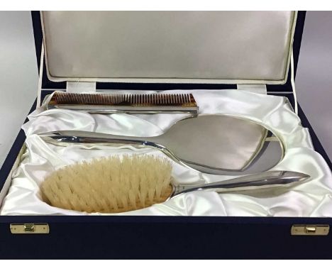 ELIZABETH II SILVER THREE PIECE DRESSING TABLE SET, BIRMINGHAM MARKS comprising mirror, hairbrush and comb, casedthe mirror 2