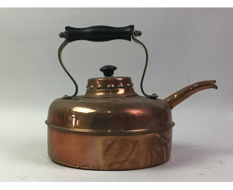 GROUP OF COPPER AND BRASS ITEMS, including a copper teapot, copper tray, a brass candlestick and other brassware, along with 