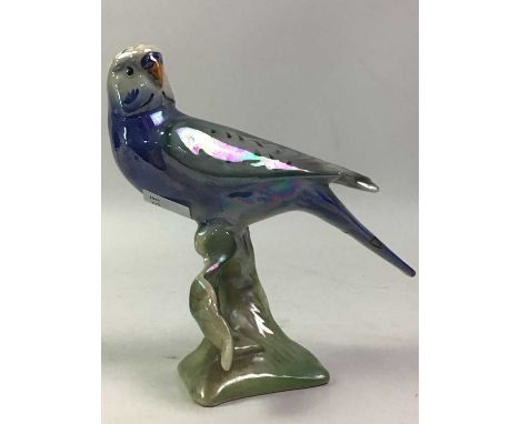 LUSTRE WARE FIGURE OF A PARROT, AND OTHER ITEMS incuding a smokers pipe, a cloisonnee egg on stand, a small Chinese silver co
