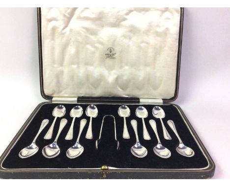 SET OF TWELVE SILVER COFFEE SPOONS WITH TONGS, SHEFFIELD 1924 maker Cooper Brothers and Sons Ltd., with reeded edge, in fitte