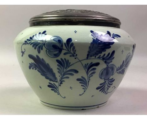 DELFT BLAUW BLUE AND WHITE JAR, AND OTHER ITEMS the lidded Delft jar decorated wth flowers and scrolling foliage, marked to b