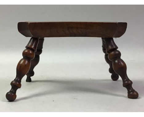 VICTORIAN APPRENTICE CARVED FRUITWOOD MINIATURE STOOL, LATE 19TH CENTURY of shaped outline on splayed turned supports, along 