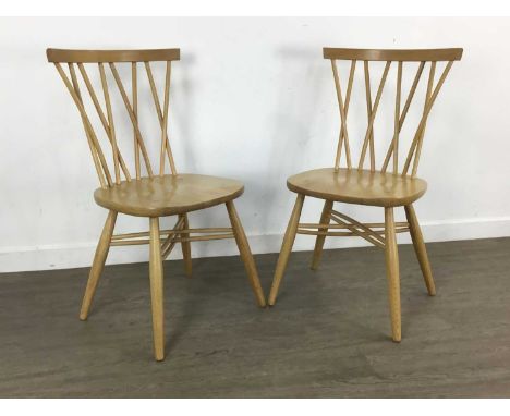 THREE ERCOL OAK SHALSTONE DINING CHAIRS, AND AN ERCOL DINING CHAIR REQUIRING RESTORATION with criss-cross supports
