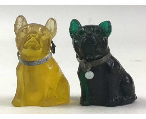 PAIR OF FRENCH ART DECO MINIATURE MOULDED GLASS BULLDOGS, in dark green and amber colourways3cm high