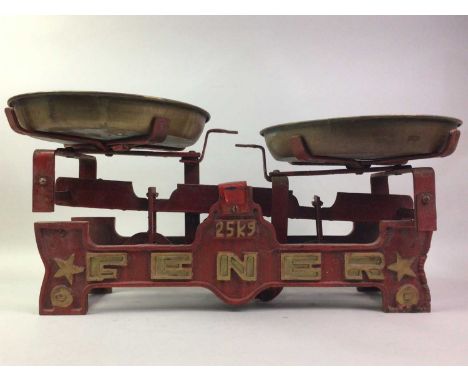 FENER,  SET OF CAST IRON SCALES with brass trays to weigh up to 25kg68cm wide