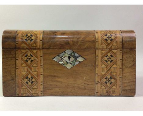 WALNUT WRITING BOX, AND PAN SCALES the box with mother of pearl escutcheon, the scales with weightsQty: 2