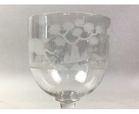 GLASS GOBLET OF LARGE PROPORTIONS, EARLY 19TH CENTUARY  etched with hunting scenes16.5cm high