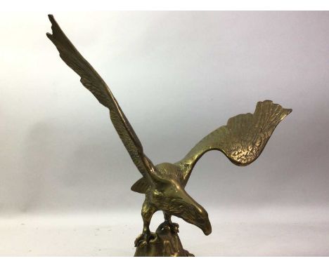 BRASS SCULPTURE OF AN EAGLE, ALONG WITH OTHER ITEMS the eagle modelled on a rock, along with two Chinese silk embroideries, M