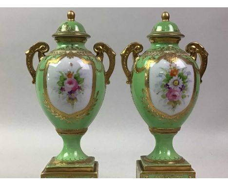 PAIR OF NORITAKE LIDDED VASES, AND OTHER CERAMICS the vases with floral reserves bordered in gilt and on a green ground, also