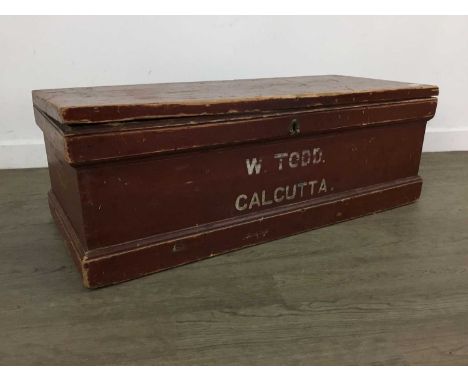 PINE TRUNK, painted with W Todd, Calcutta, along with four wool blankets33cm high, 93cm wideMore images now online.  The blan
