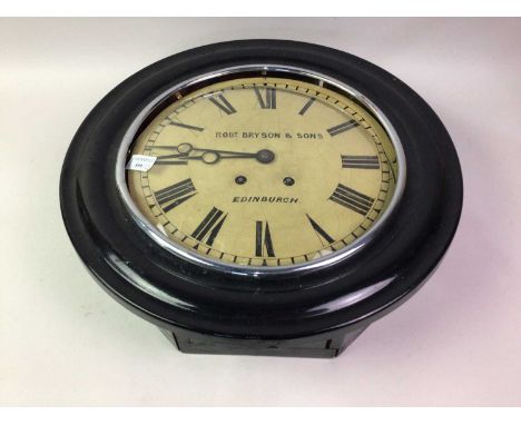 CIRCULAR WALL CLOCK, ROBT BRYSON & SONS, EDINBURGH, AND A BLACK SLATE MANTEL CLOCK both with Roman numerals46cm diameter