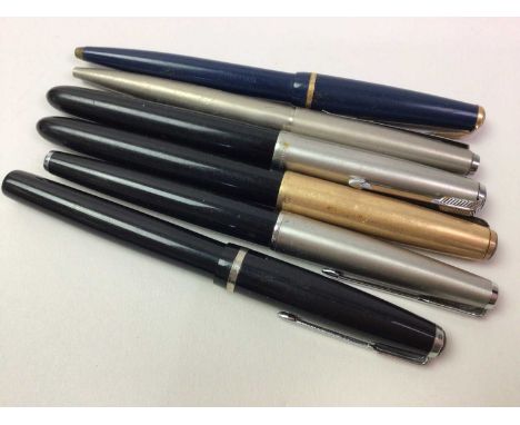 COLLECTION OF VINTAGE FOUNTAIN PENS, AND OTHER ITEMS including Parker, along with a cap badge and two boxes