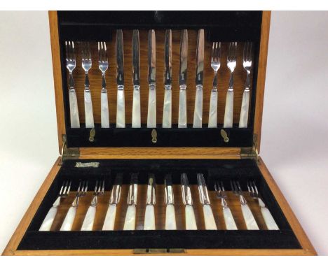 TWO SILVER PLATED CANTEENS OF CUTLERY, one with mother of pearl handles manufactured by R. Macintosh, both cased