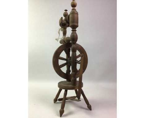 TABLE TOP SPINNING WHEEL, ALONG WITH A SET OF KITCHEN SCALES the scales by Webb of Birmingham, also three volumes on Leonardo