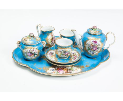 A 19TH CENTURY FRENCH 'SÈVRES' TURQUOISE GROUND CABARET SET, comprising quatrefoil tray, teapot, sucrier, cream jug, and two 