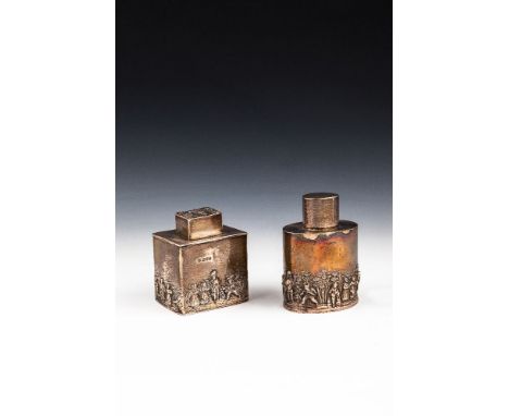 A RECTANGULAR SILVER TEA CADDY, Chester 1910, with repousse figural decoration in the Dutch taste. 8.5cm high; together with 