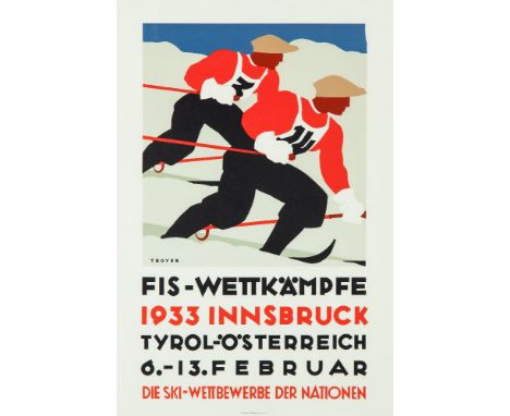 AN ART-DECO STYLE SKI POSTER, depicting two downhill skiers and bearing inscription ''FIS - WETKAMPFE 1933 INNSBRUCK ''. Fram