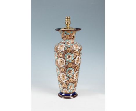 A DOULTON LAMBETH TAPERING VASE, converted to table lamp, decorated with lacework in gilt, salmon and turquoise enamel, and r