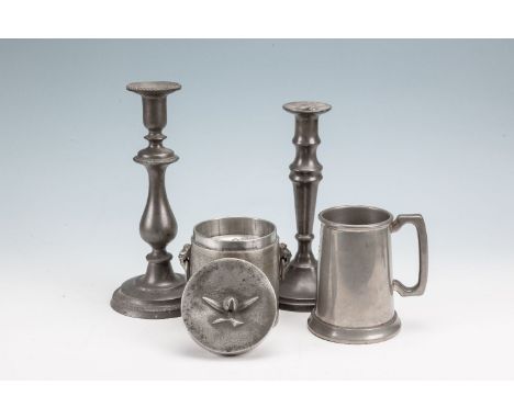 TWO PEWTER TABLE CANDLESTICKS, a pewter tankard and an oriental pewter tea caddy (4)