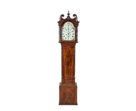 A 19TH CENTURY INLAID MAHOGANY LONGCASE CLOCK,  the hood with scroll pediment and centred with a finial enclosing a gilt and 