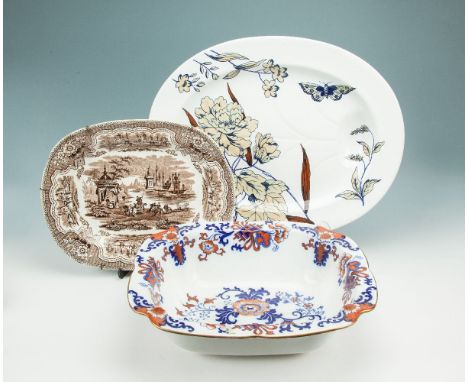A DOULTON BURSLEM 'NANKIN' PATTERN SHAPED RECTANGULAR BASIN, a large flower and butterfly pattern meat dish and a Damascus pa
